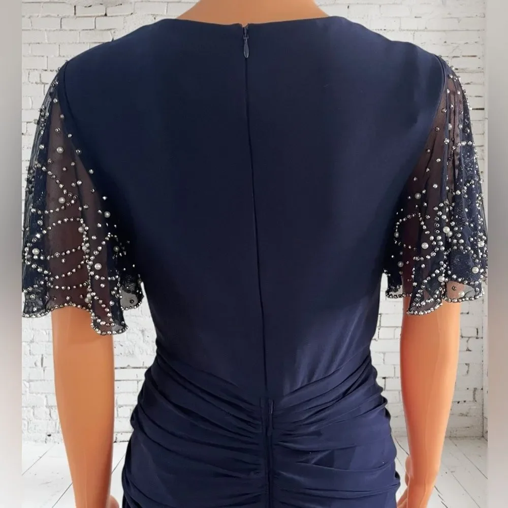 Betsy & Adam Navy Midi Dress with‎ Embellished Sleeves Sz. 4P